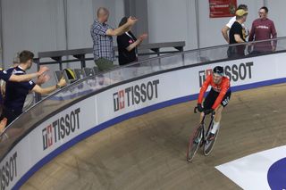 Matthijs Buchli of Netherlands wins the men's elimination race in track cycling at the 2023 Tissot UCI Track Nation Cup at the velodrome at Mattamy National Cycling Centre in Milton. April 21, 2023. (Steve Russell/Toronto Star via Getty Images)