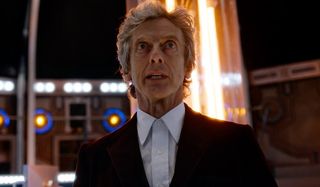 Doctor Who The Twelfth Doctor looking cross in the TARDIS