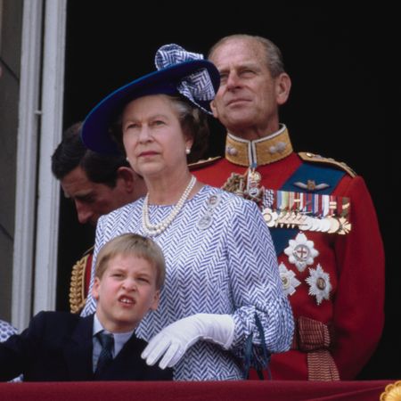 Young Prince William has dark blonde hair and wears a suit, while posing with Queen Elizabeth II on Buckingham Palace balcony