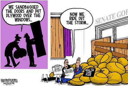Political cartoon U.S. GOP health care reform AHCA sandbags