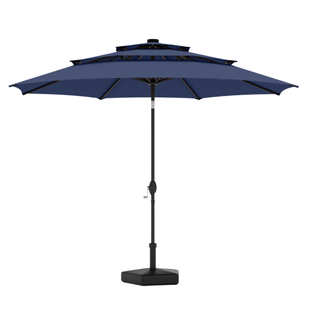 patio umbrella with black base and blue shade