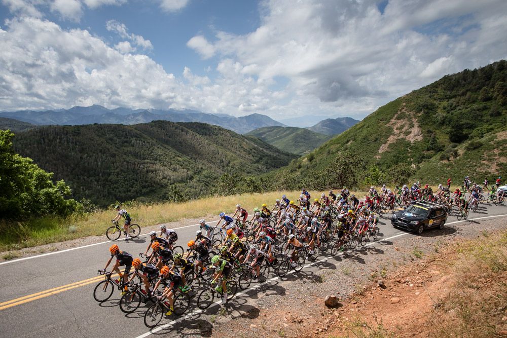 The peloton heads up todays first KOM climb.