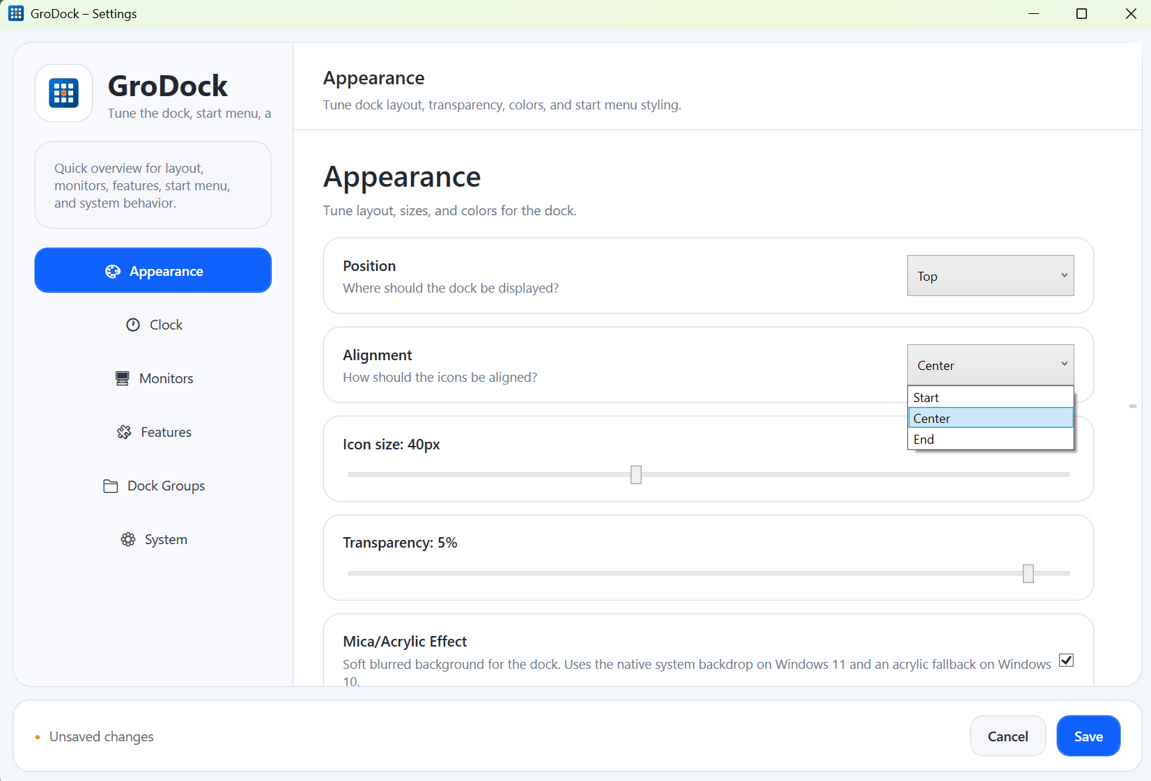 GroDock settings interface showing appearance options, sliders, dropdowns, and buttons.