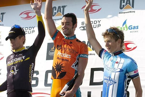 Stage nine podium (l-r): Cameron Jennings (2nd,Budget Forklifts), Nathan Haas (1st,Genesys Wealth Advisers), and Chris Jory (3rd,Shortis.com.au Cycling Team).