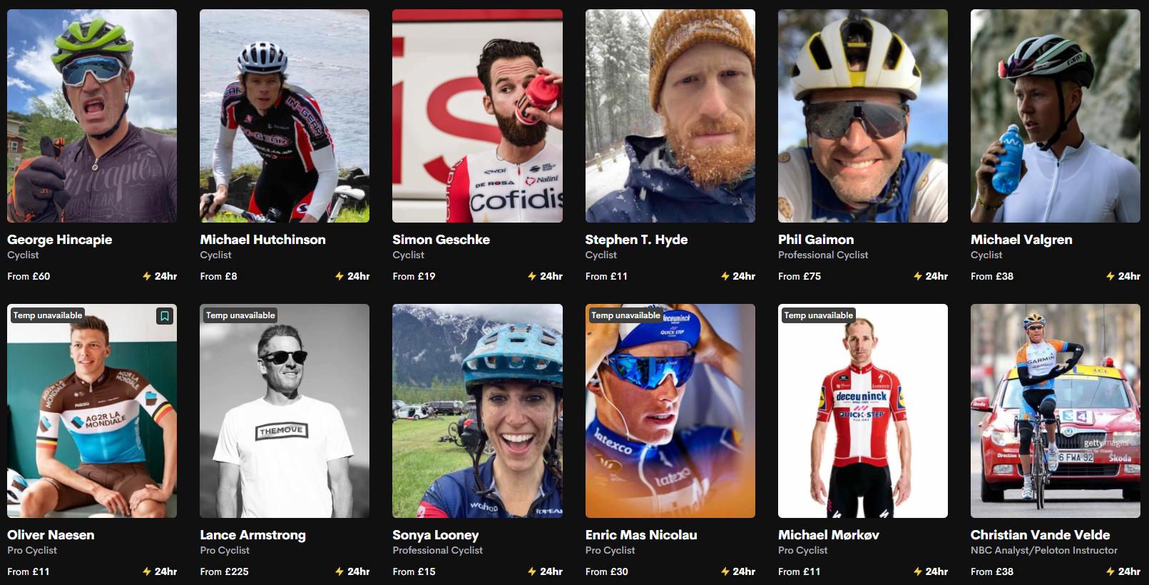 A screenshot of some of the most famous cyclists on Cameo, including Enric Mas, Michael Morkov, Oliver Naesen and more