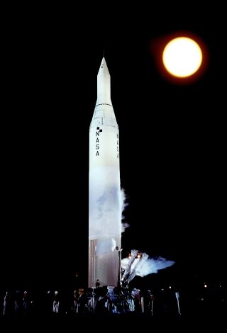 The first rocket to be emblazoned with the letters "N-A-S-A" lifted off with the Pioneer 3 lunar probe in December 1958. Pictured, the similar Thor rocket that launched Pioneer 4 in March 1959, the nascent space agency's first successful flyby of the moon.
