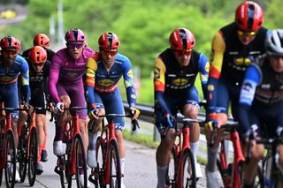 PADOVA ITALY MAY 23 LR Amanuel Ghebreigzabhier of Eritrea and Jonathan Milan of Italy and Team Lidl Trek Purple Points Jersey compete during the 107th Giro dItalia 2024 Stage 18 a 178km stage from Fiera di primiero to Padova UCIWT on May 23 2024 in Padova Italy Photo by Tim de WaeleGetty Images