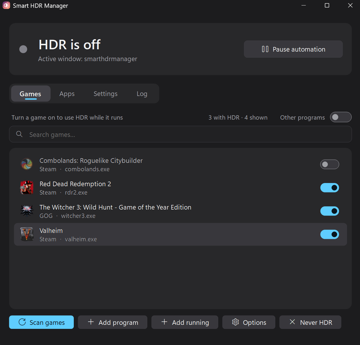 Dark Smart HDR Manager window shows HDR off, with the Games tab listing four titles and blue toggles enabled for Red Dead Redemption 2, The Witcher 3, and Valheim.