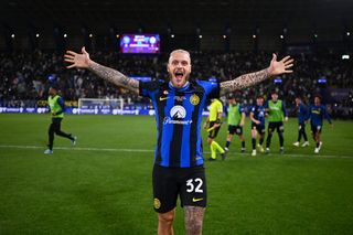 Federico Dimarco of FC Internazionale celebrates the victory at the end of the Italian EA Sports FC Supercup Final match between SSC Napoli and FC Internazionale at Al-Awwal Stadium
