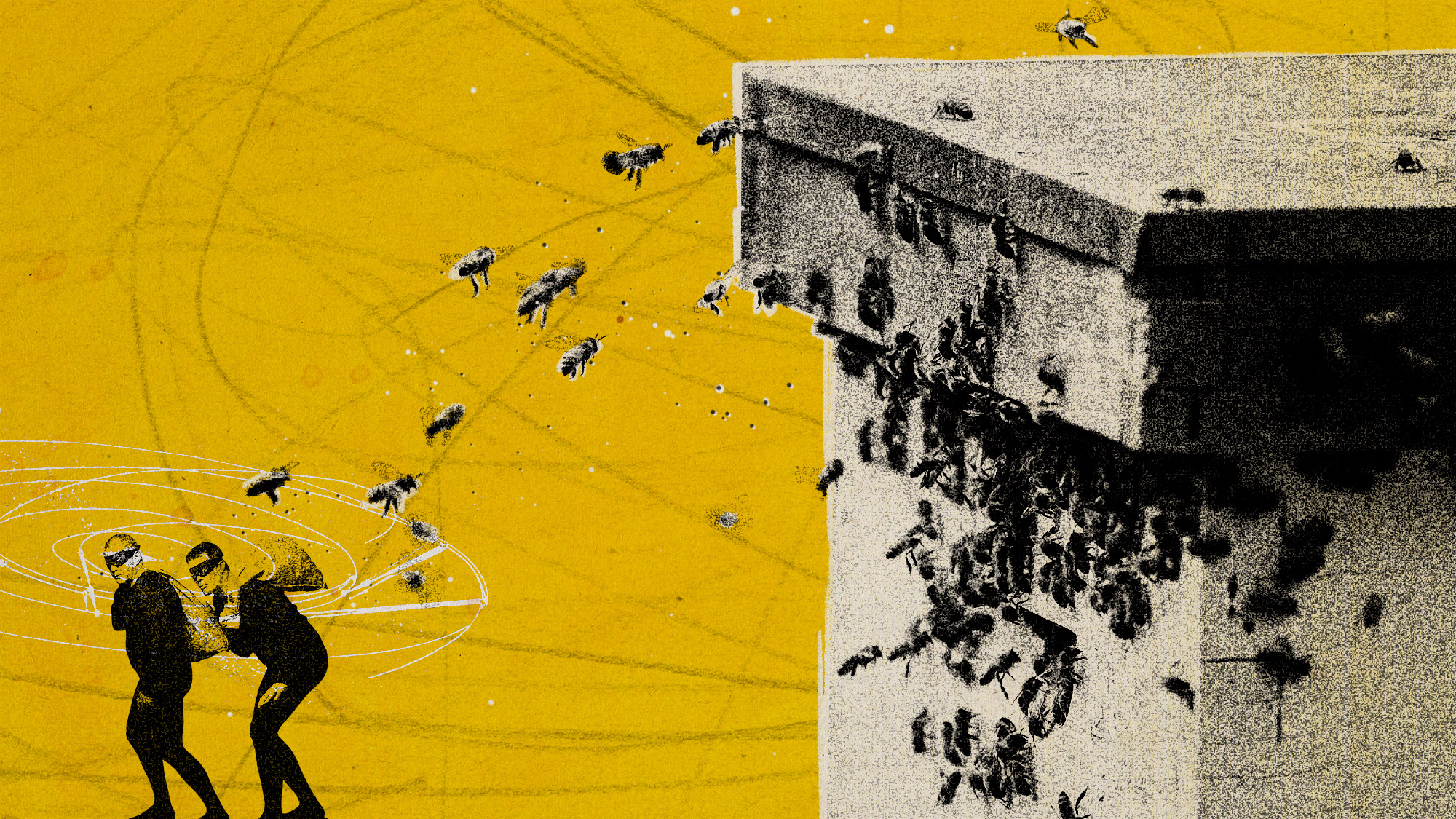 Photo collage of two thieves sneaking away from a huge beehive