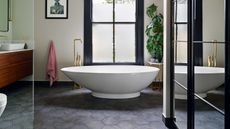 bathroom with freestanding tub and cabinetry