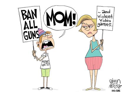 Political cartoon U.S. Gun violence protests violent video games