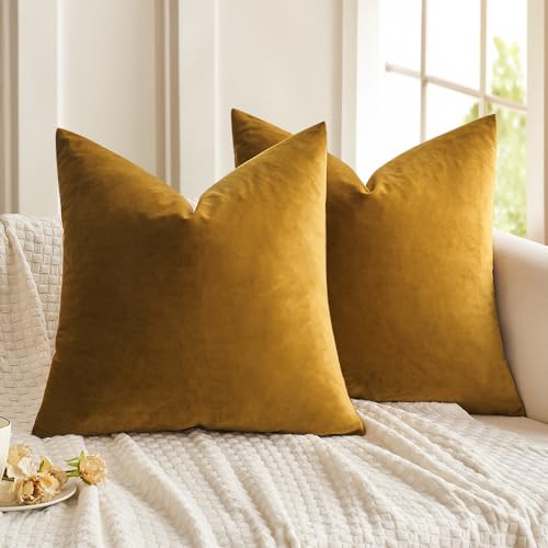 Miulee Pack of 2 Mustard Yellow Pillow Covers 20x20 Inch Decorative Velvet Throw Pillow Covers Modern Soft Couch Throw Pillows Farmhouse Spring Home Decor for Sofa Bedroom Living Room