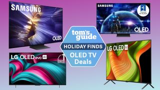 Four OLED TVs from LG and Samsung surrounding a badge that reads: "Tom's Guide Holiday Finds OLED TV Deals"