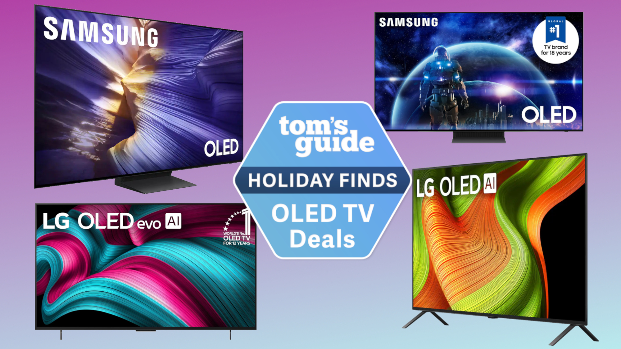 Four OLED TVs from LG and Samsung surrounding a badge that reads: "Tom's Guide Holiday Finds OLED TV Deals"