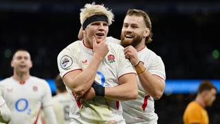 Henry Pollock of England celebrates scoring his team's second try with teammate Luke Cowan-Dickie during the Quilter Nations Series 2025 match between England and Australia at Allianz Stadium on November 01, 2025 in London, England. 