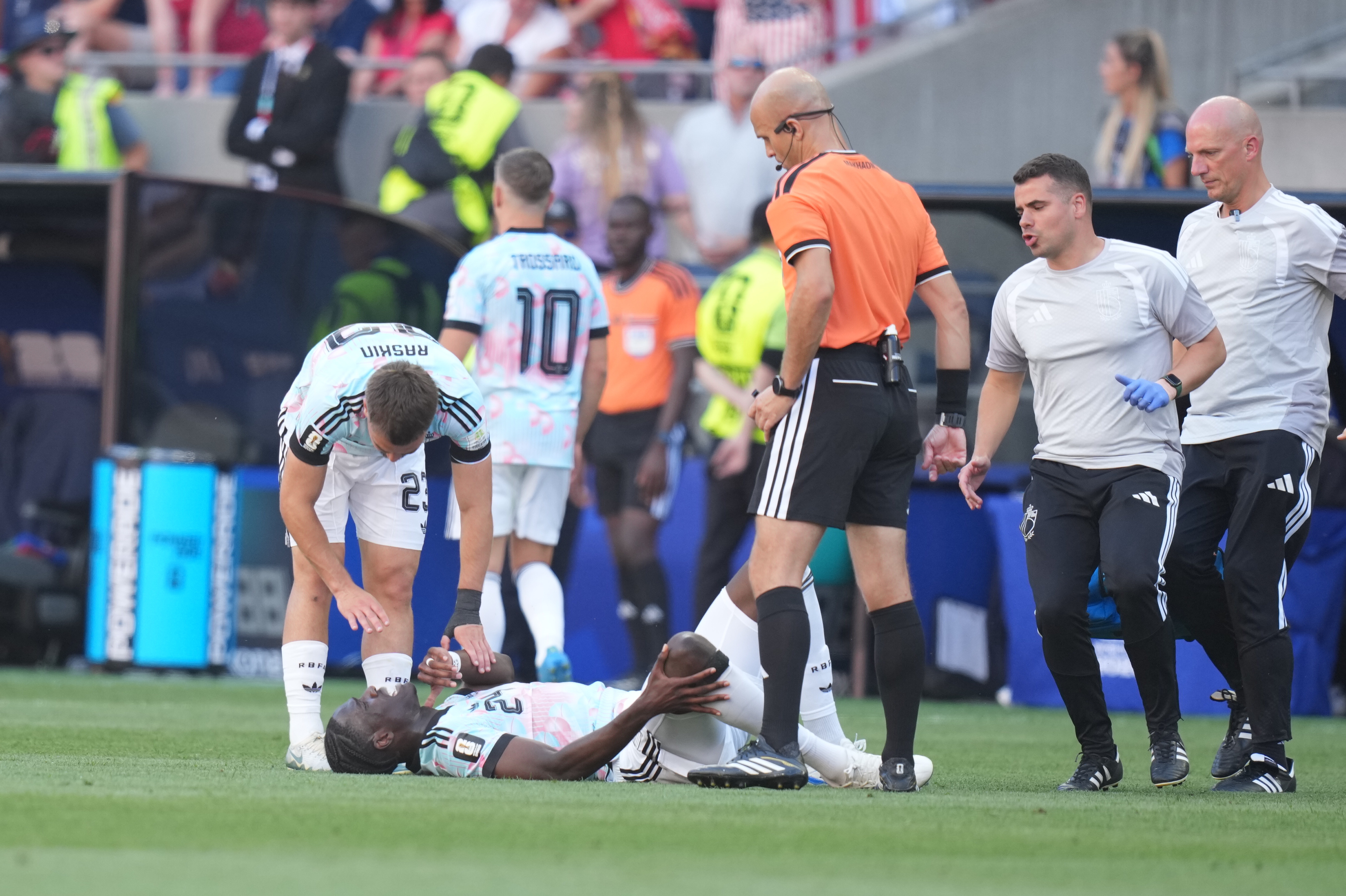 SEATTLE, USA - JULY 6: Amadou Onana (24) of Belgium gets injured during the 2026 FIFA World Cup Round of 16 match between USA and Belgium at Lumen Field (Seattle Stadium) in Seattle, Washington