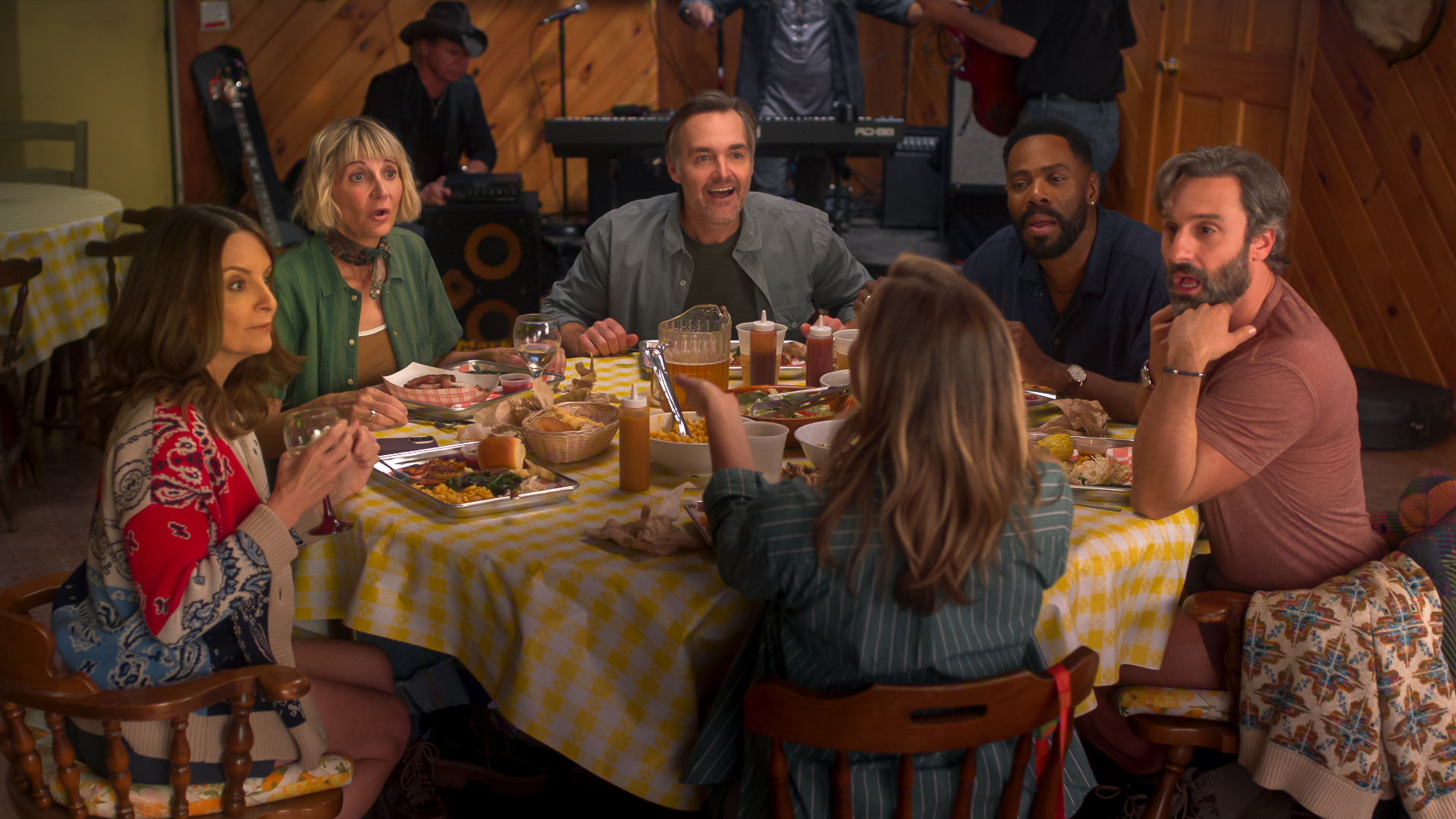 Tina Fey as Kate, Kerri Kenney-Silver as Anne, Will Forte as Jack, Erika Henningsen as Ginny, Colman Domingo as Danny, and Marco Calvani as Claude in Episode 201 of The Four Seasons, Season 2.