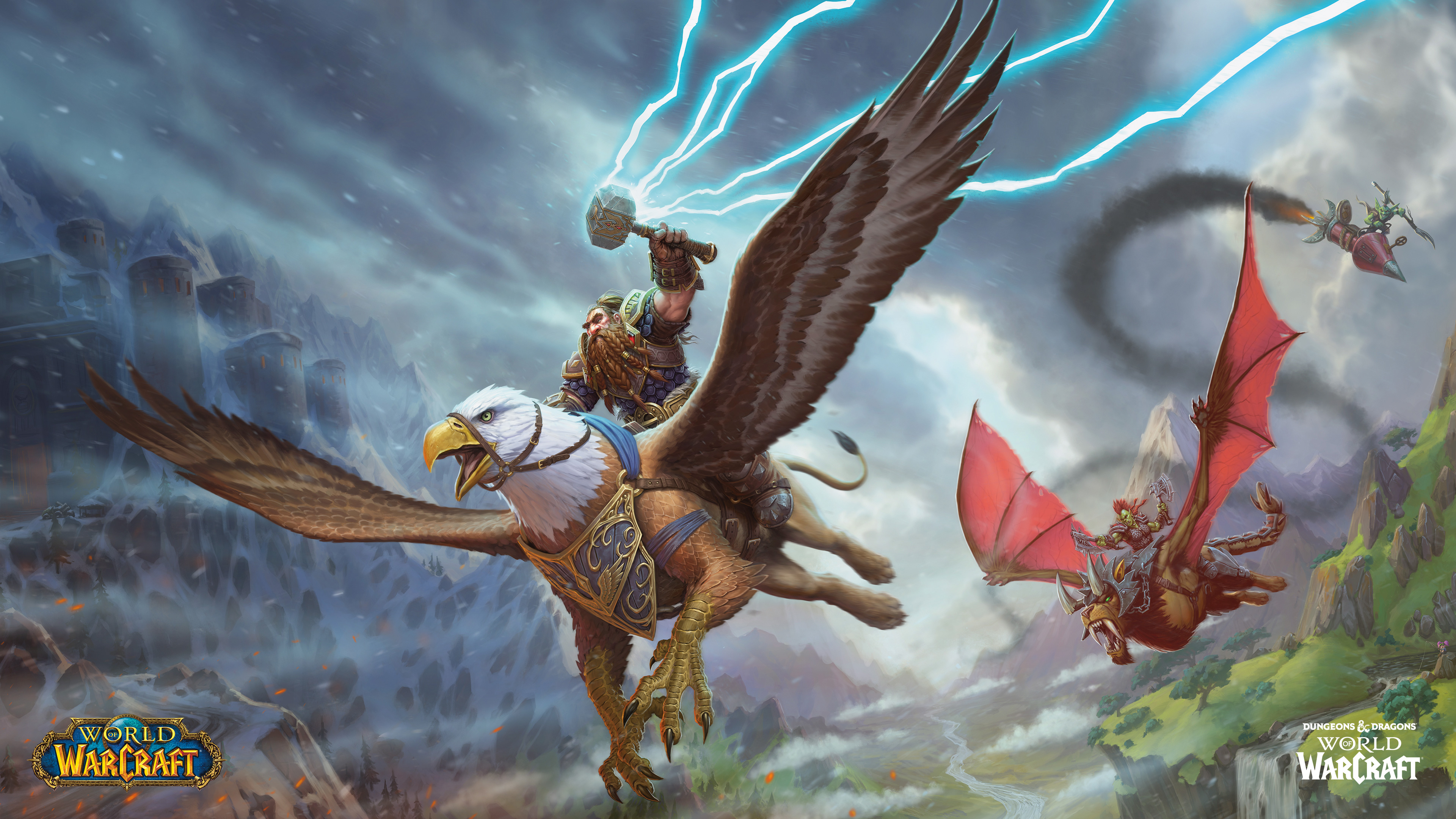 A dwarf riding a griffon while summoning lightning