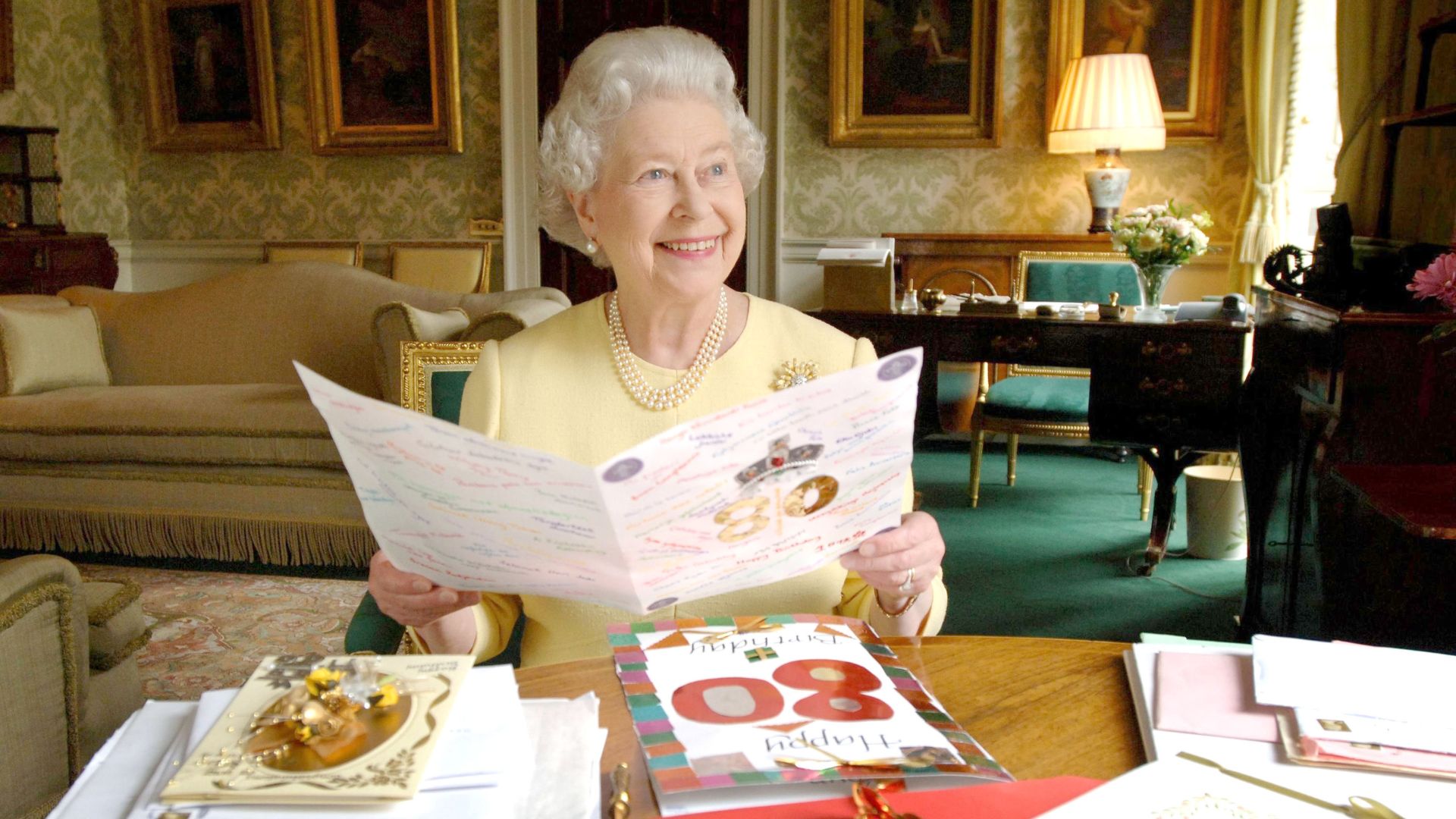 Queen Elizabeth II with her 80th birthday cards