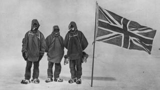 Shackleton took this photograph of Jameson Adams, Frank Wild and Eric Marshall when the planted the Union Jack at their ‘Farthest South’ position during the Nimrod Expedition, Jan 9 1909