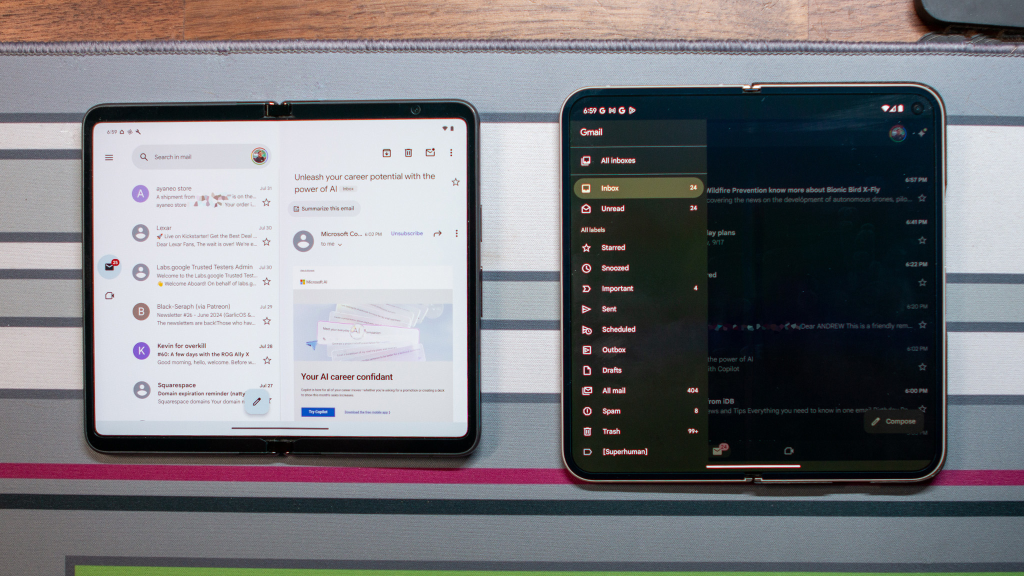 Comparing Gmail on the Google Pixel Fold and the Pixel 9 Pro Fold