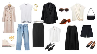 A selection of tops, trousers and jackets for a French capsule wardrobe from & Other Stories, Converse, Missoma, Mango, Zara, Cos, ARKET, ME + EM, H&M, Bobbies Paris, Aligne, Been London