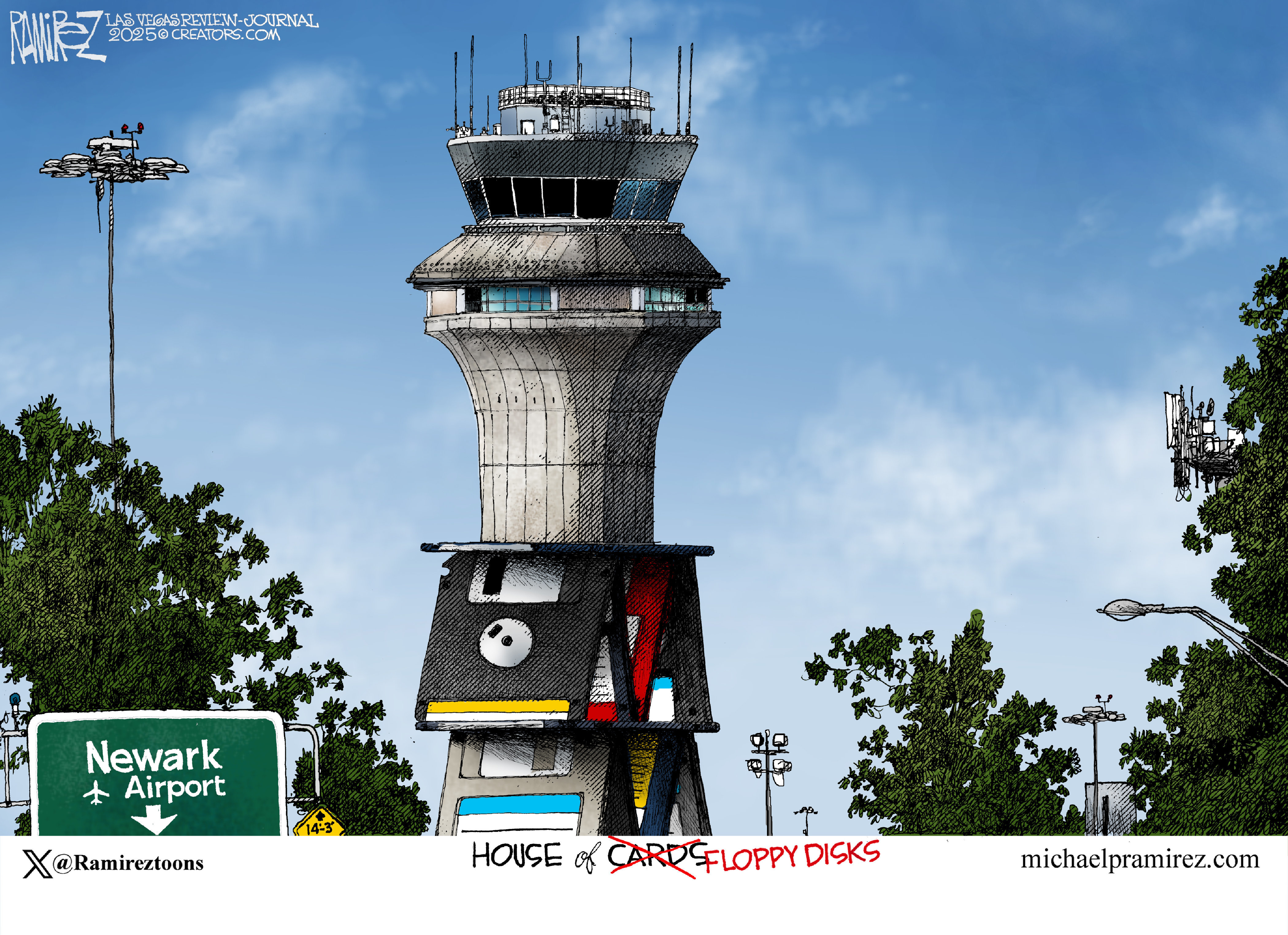 This cartoon depicts the control tower at Newark Airport looking unstable, built precariously from what appear to be old computer floppy disks labeled "HOUSE of CARDS FLOPPY DISKS." with the word "CARDS" crossed out.