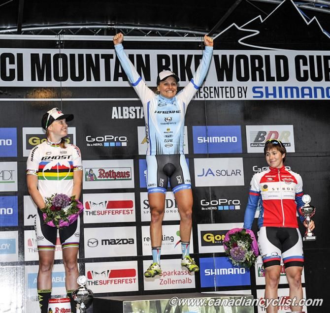 Kathrin Stirnemann is VERY excited to be on the top step of podium