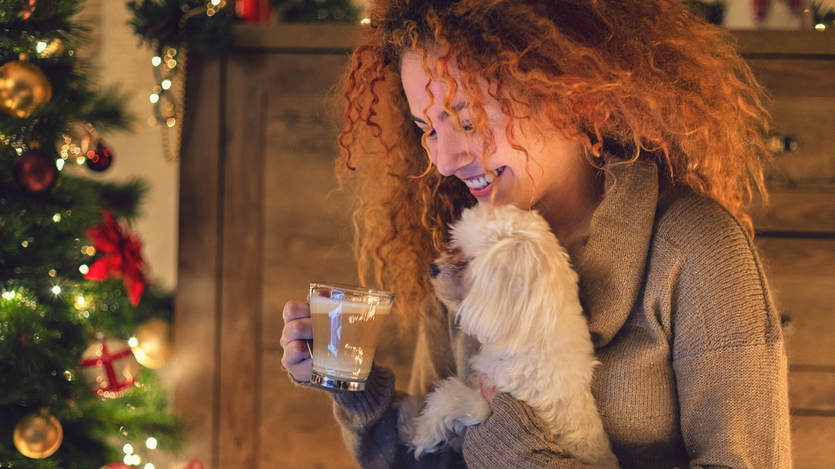 Woman sitting next to a Christmas tree and holding a white dog and a glass of hot chocolate