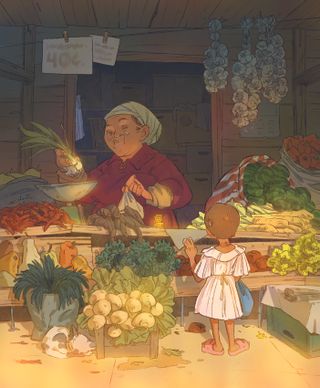 2D art; a child at a grocer's