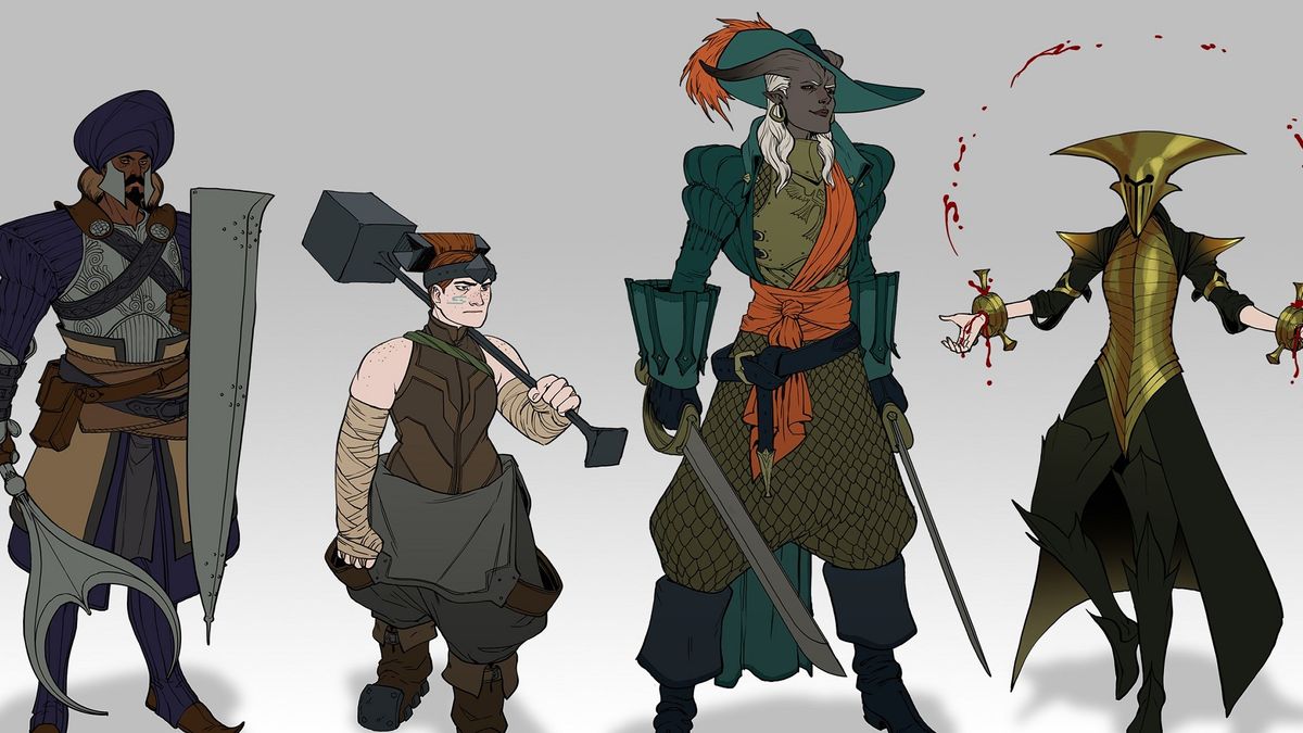 Turbaned warrior, dwarf with hammer, Qunari Swashbuckler, and a gold-clad blood mage all in a line in concept art sketch for Dragon Age: Inquisition