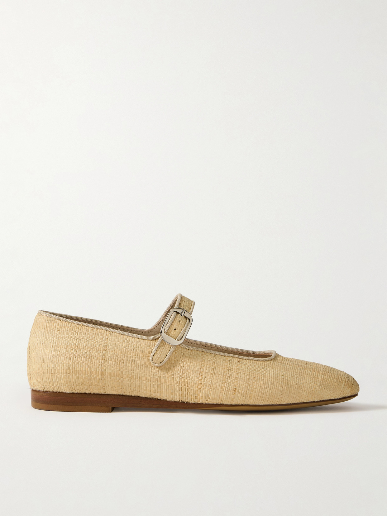 Grosgrain-Trimmed Raffia Mary Jane Ballet Flats