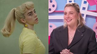 Screenshots, from left to right, of Billie Eilish turning toward the character during the behind the scenes of What Was I Made For and Greta Gerwig smiling during her interview on ReelBlend.