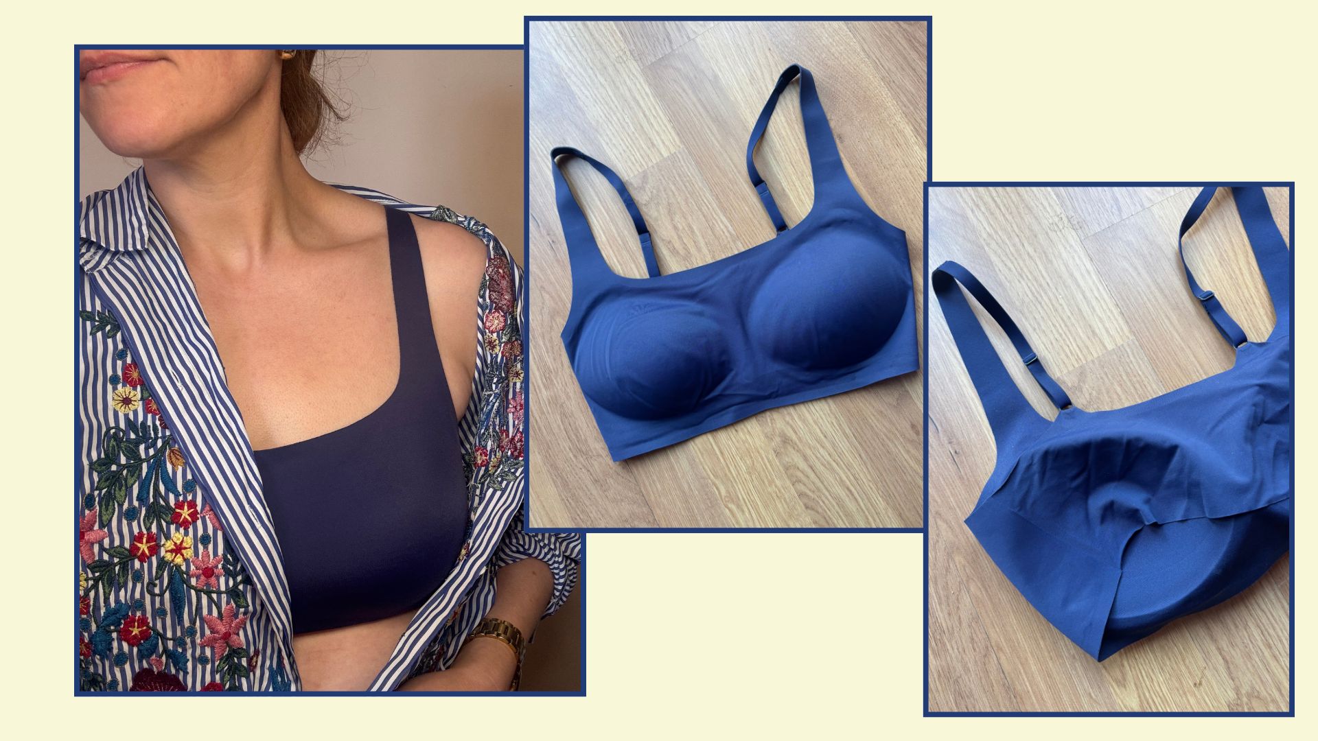 matilda wearing the Uniqlo Wireless Relax Bra next to two flat lay shots