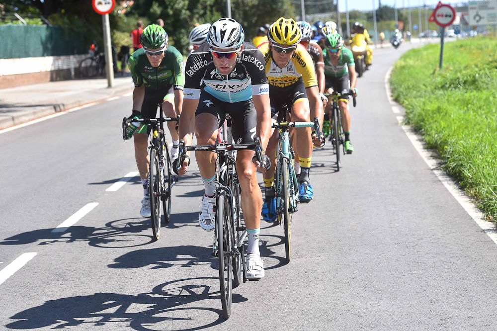 Nikolas Maes leads the breakaway during stage 15.