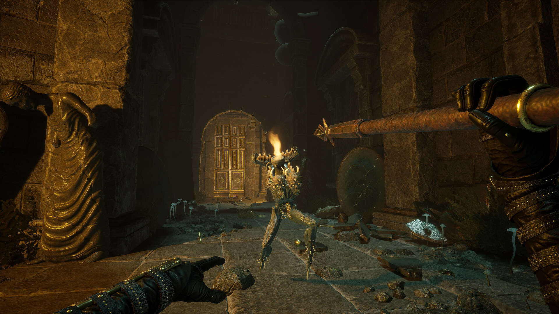 aiming a javelin at a skeleton monster in darkened hallway