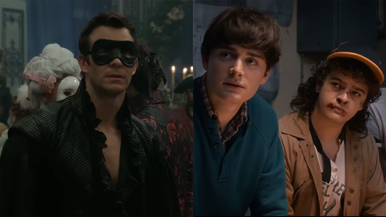 Screenshot of Bridgerton at the ball in Season 4 and screenshot of Will and co. in Stranger Things Season 5.