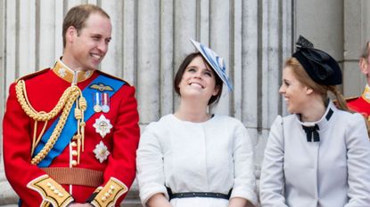 Prince William, Princess Eugenie and Princess Beatrice smile together on the Buckingham Palace balcony