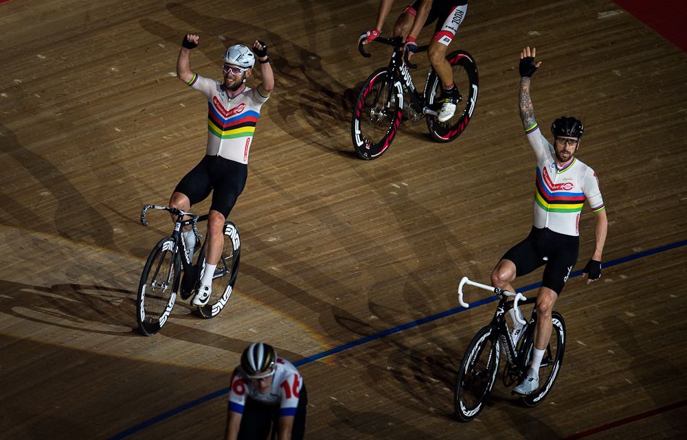 Mark Cavendish and Bradley Wiggins celebrate winning the team elimination during the Six Day London