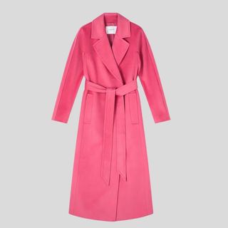 A cutout of a bright pink winter coat from LK Bennett on a grey background