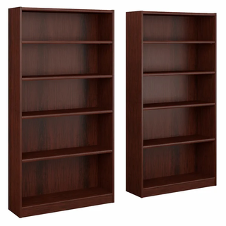two large brown bookshelves
