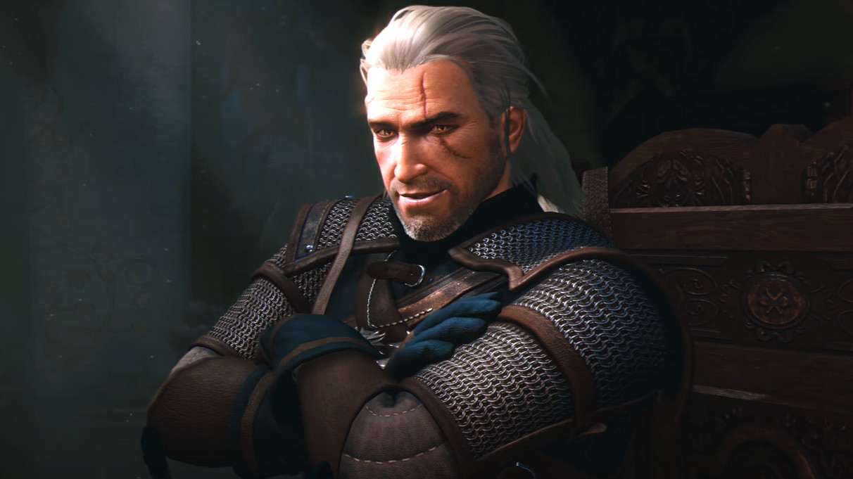 Geralt en The Witcher cruzándose de brazos