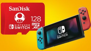 Nintendo Switch and an SD card on a gold background