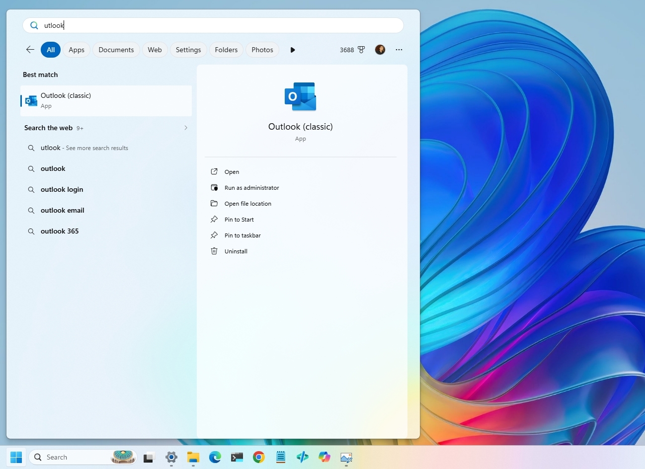 Windows 11 desktop showing Search with better typo handling.