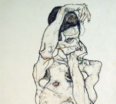 Standing Male Nude with Red Loincloth, 1914, pencil, water-colour and tempera on paper, 18in by 12½in, by Egon Schiele (1890–1918), The Albertina Museum, Vienna, Austria.