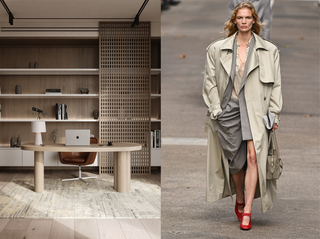 home office in muted neutral colors and a model walking a runway