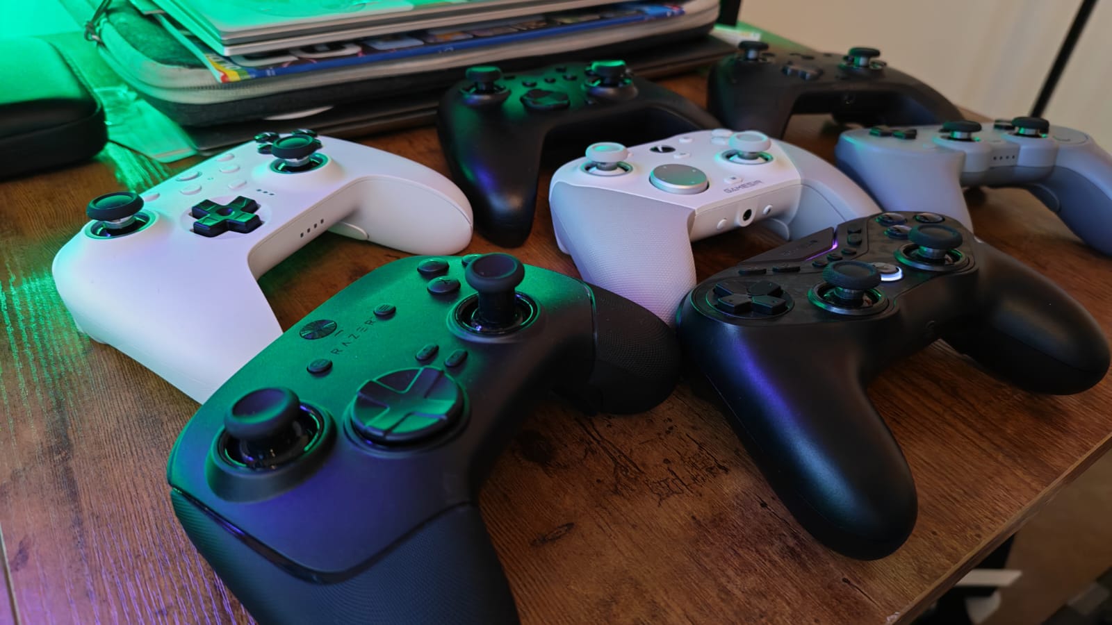 A collection of TMR controllers laid out on a desk