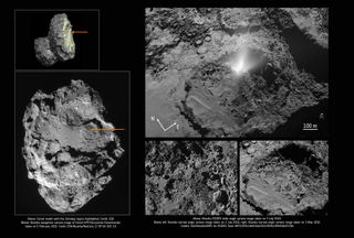 Top left: A model of Comet 67P highlighting its Imhotep region, where a dust plume erupted on July 3, 2016. Bottom left: An image of comet 67P by the Rosetta spacecraft showing the area. Top right: An image of the outburst captured by Rosetta, with two other images of the region for comparison below.