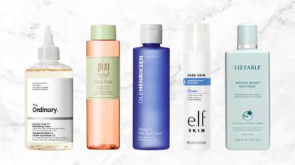 Collage of five of the best toners featured in this guide from (left to right) The Ordinary, Pixi Beauty, Ole Henriksen, e.l.f. Skin and Liz Earle, set against a white marble effect background 